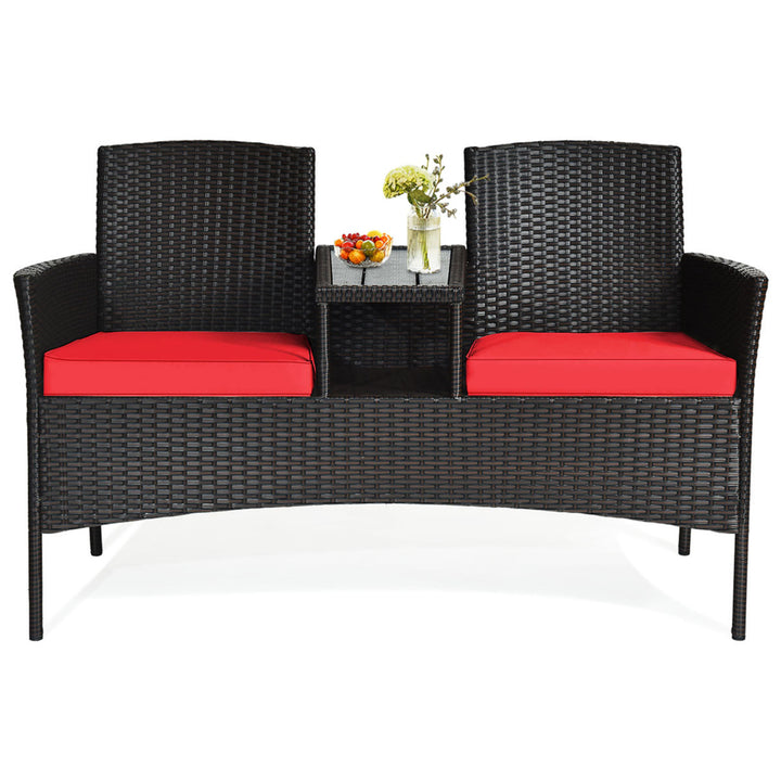 Gymax Rattan Wicker Patio Conversation Set w/ Loveseat Table Red Cushion Image 6