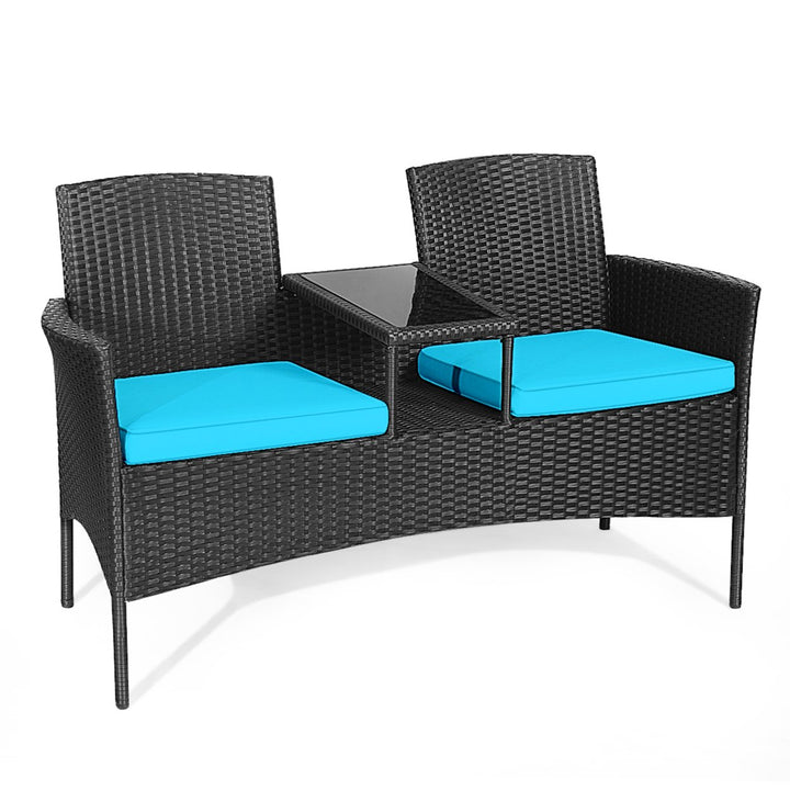 Rattan Wicker Patio Conversation Set w/ Table Turquoise Cushion Image 4