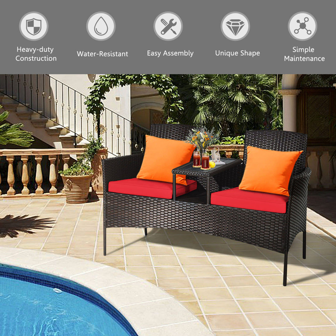 Gymax Rattan Wicker Patio Conversation Set w/ Loveseat Table Red Cushion Image 8