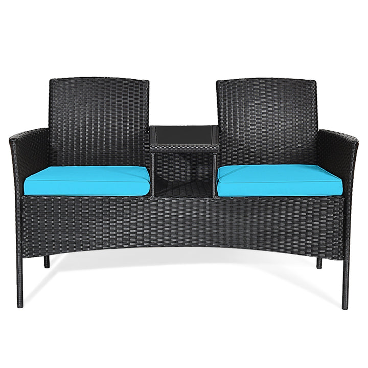 Rattan Wicker Patio Conversation Set w/ Table Turquoise Cushion Image 2