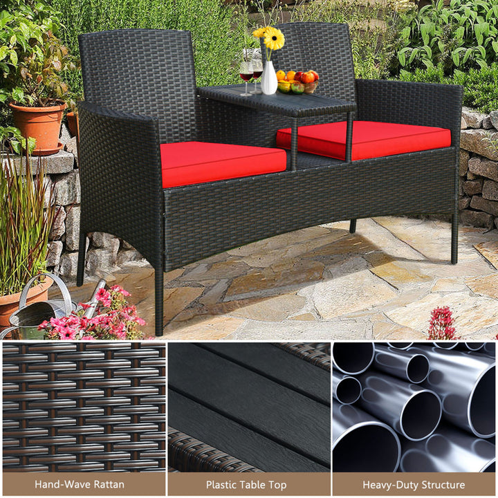 Gymax Rattan Wicker Patio Conversation Set w/ Loveseat Table Red Cushion Image 10