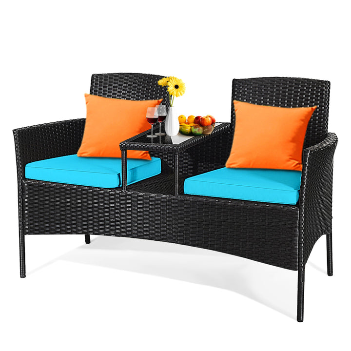 Rattan Wicker Patio Conversation Set w/ Table Turquoise Cushion Image 7