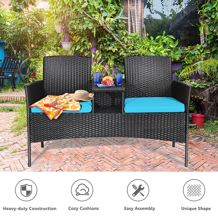 Rattan Wicker Patio Conversation Set w/ Table Turquoise Cushion Image 8