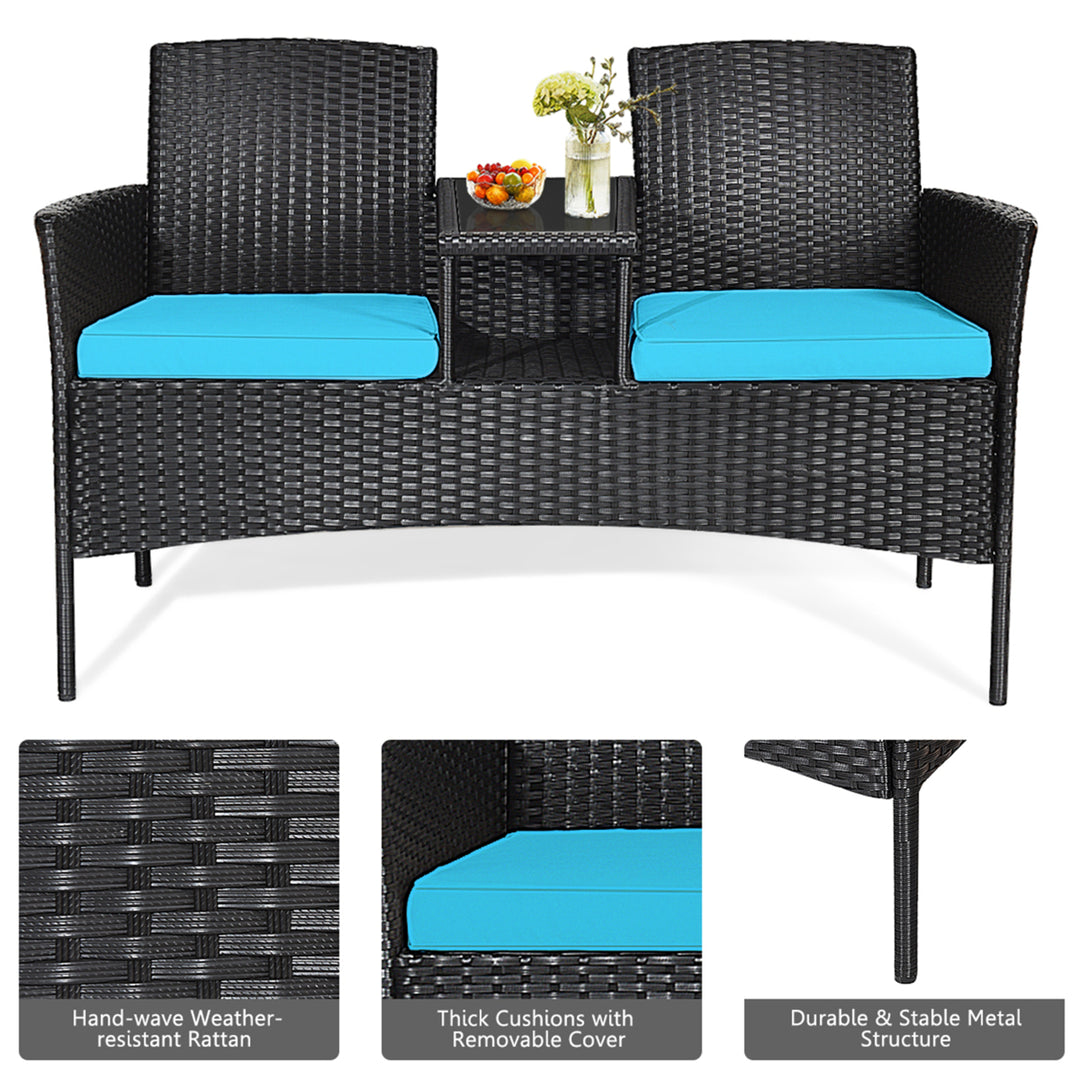 Rattan Wicker Patio Conversation Set w/ Table Turquoise Cushion Image 10