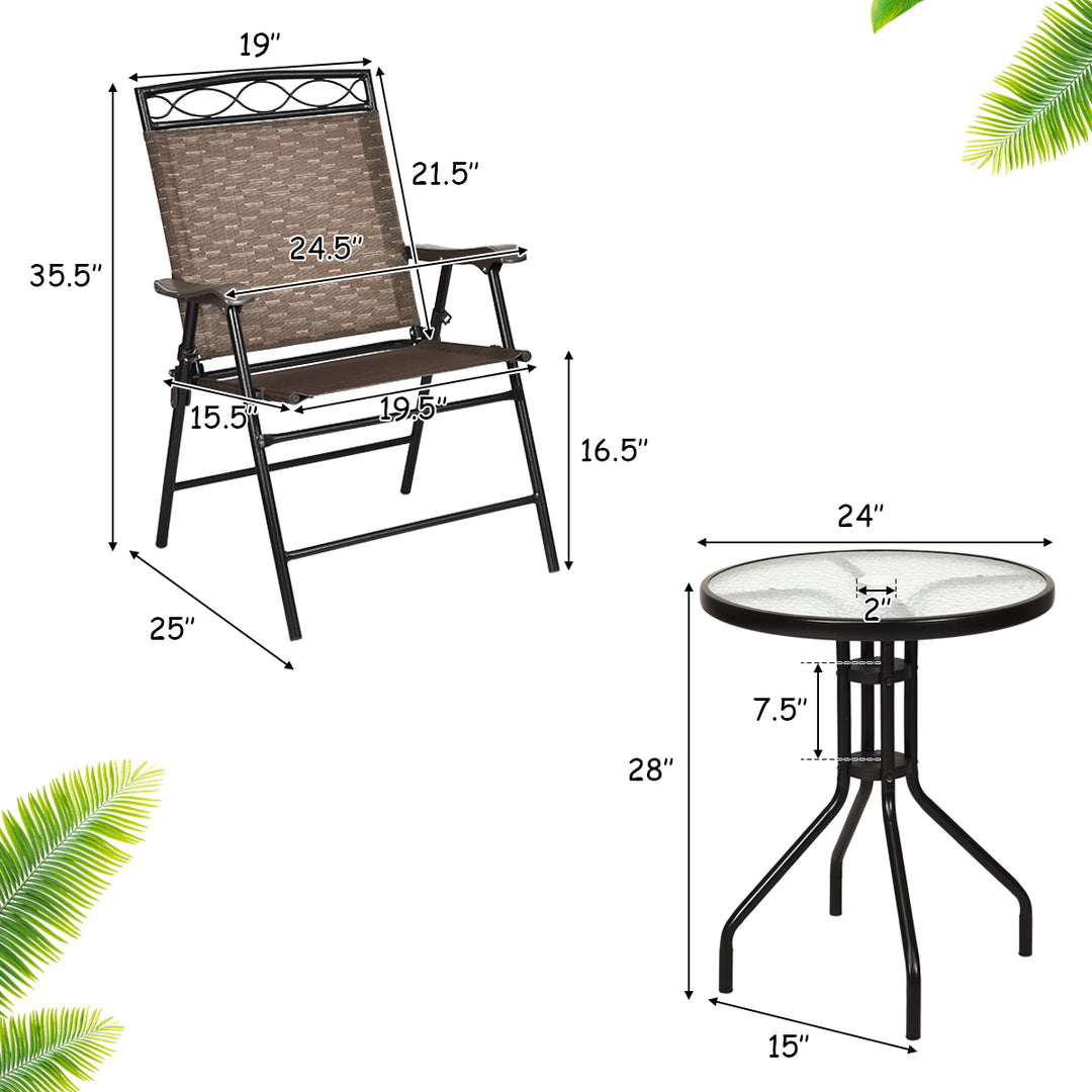 3PCS Bistro Set Conversation Set Pub Patio Outdoor w/ Folding Chairs Table Image 3