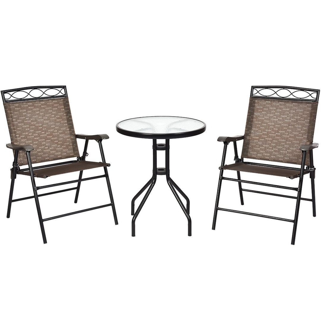 3PCS Bistro Set Conversation Set Pub Patio Outdoor w/ Folding Chairs Table Image 2