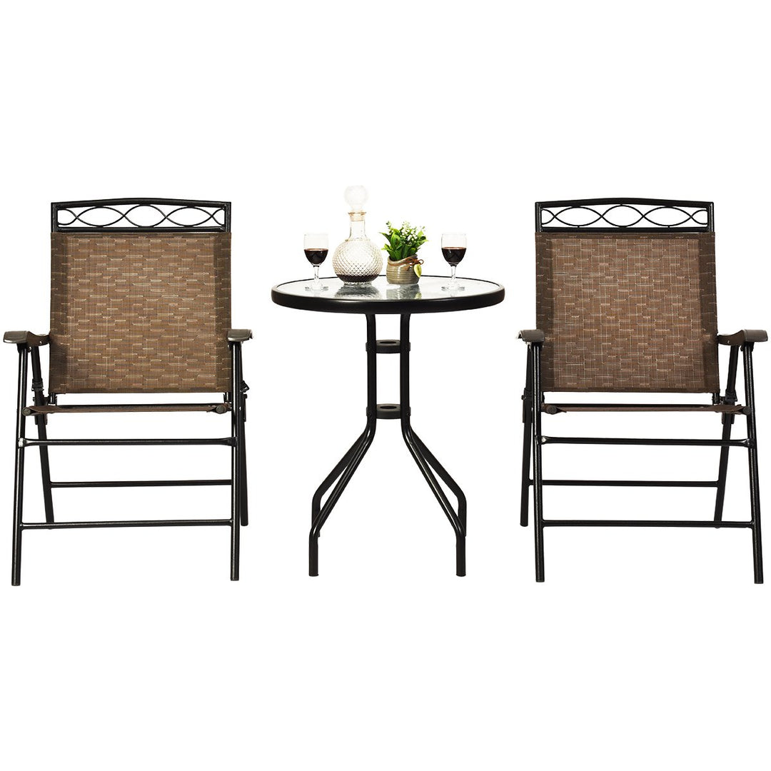 3PCS Bistro Set Conversation Set Pub Patio Outdoor w/ Folding Chairs Table Image 4