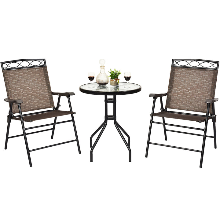 3PCS Bistro Set Conversation Set Pub Patio Outdoor w/ Folding Chairs Table Image 5