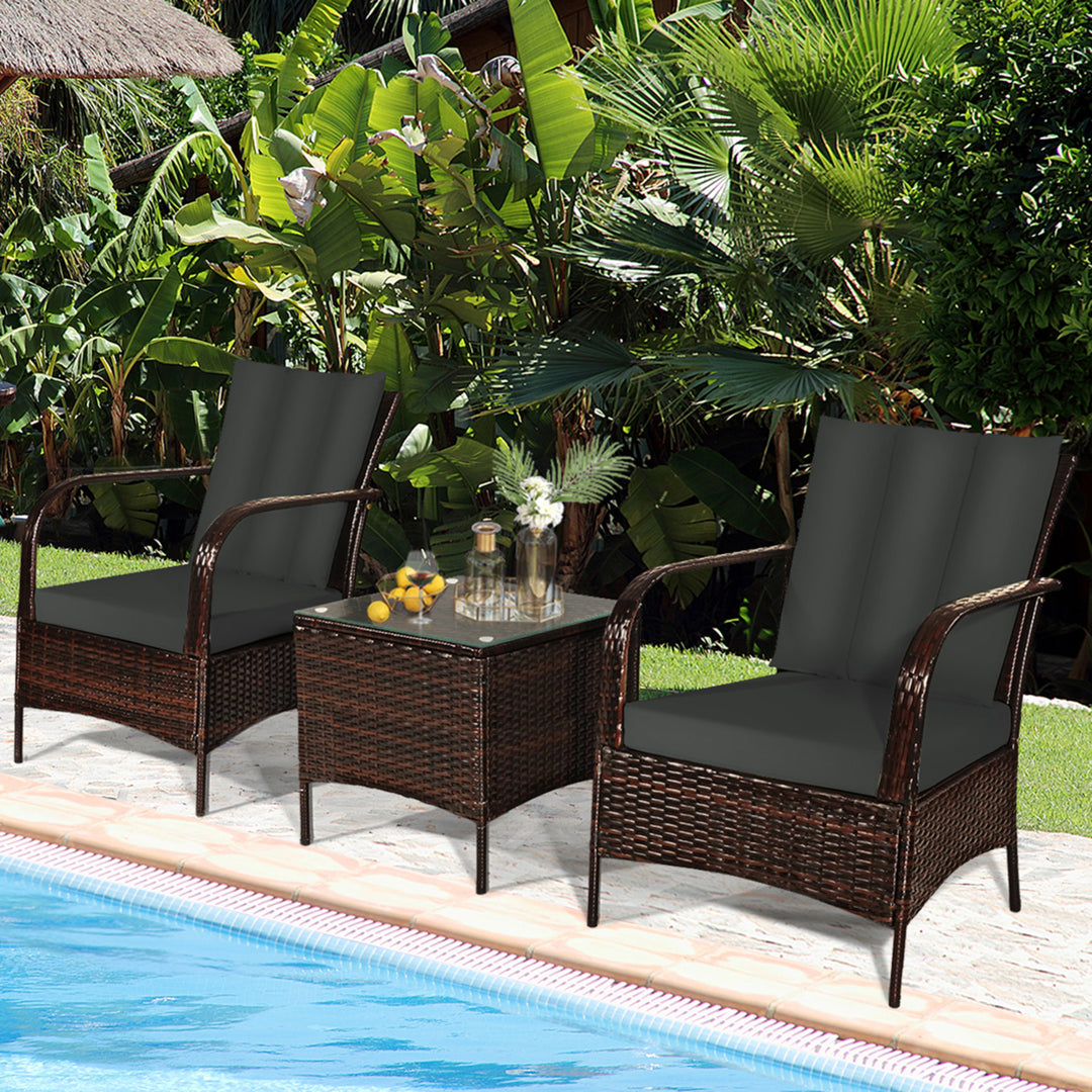 3PCS Outdoor Patio Rattan Conversation Set Furniture Set w/ Table Cushions Image 3