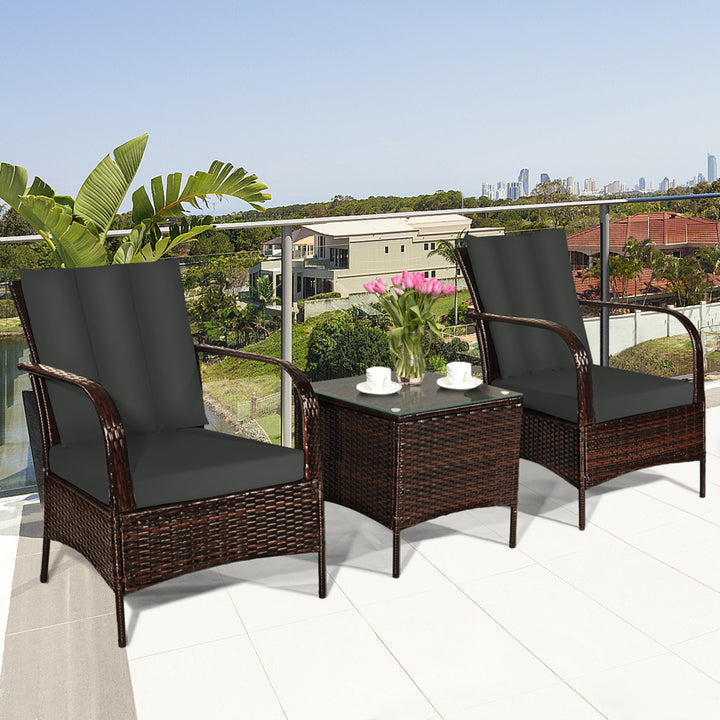 3PCS Outdoor Patio Rattan Conversation Set Furniture Set w/ Table Cushions Image 4