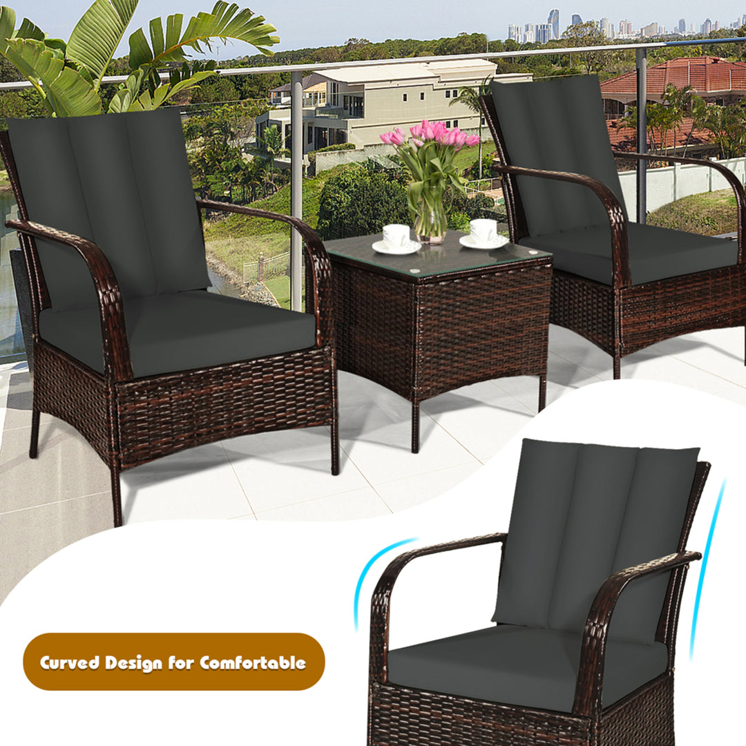 3PCS Outdoor Patio Rattan Conversation Set Furniture Set w/ Table Cushions Image 7