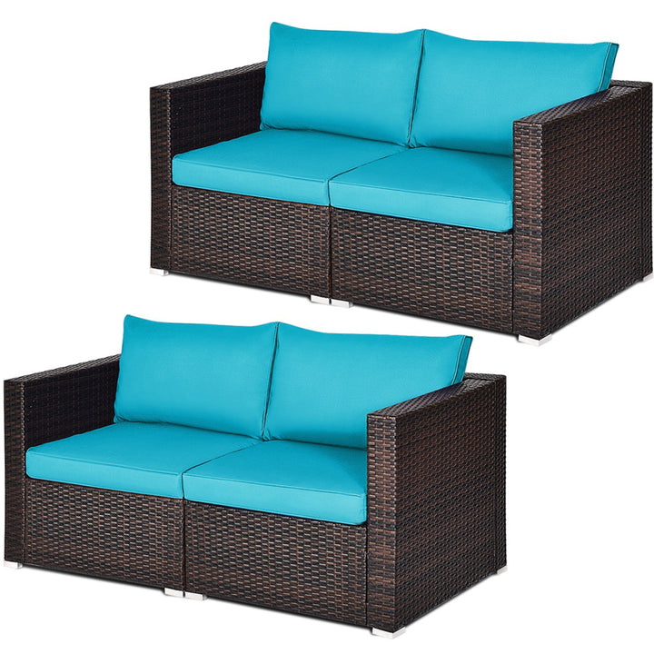 4PCS Rattan Corner Sofa Set Patio Outdoor Furniture Set w/ Blue Cushions Image 1