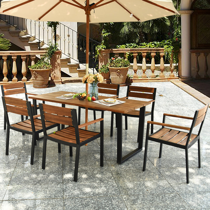 Patented 7PCS Patio Dining Set Outdoor Furniture Set w/ 6 Armchairs Umbrella Hole Image 4