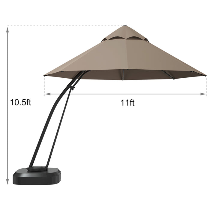 Gymax 11ft Patio Cantilever Hand Push Offset Hanging Umbrella w/ Wheels Base Tan Image 2