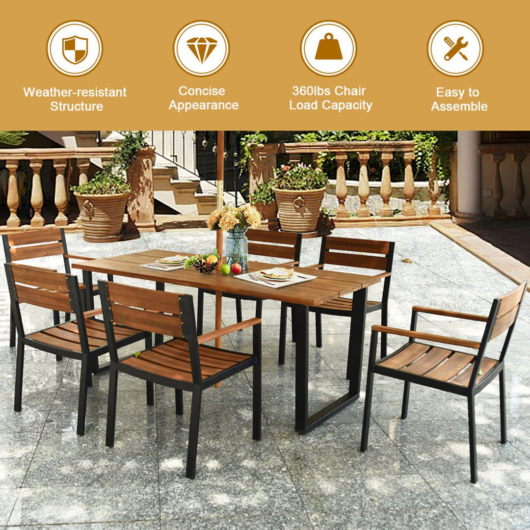 Patented 7PCS Patio Dining Set Outdoor Furniture Set w/ 6 Armchairs Umbrella Hole Image 8