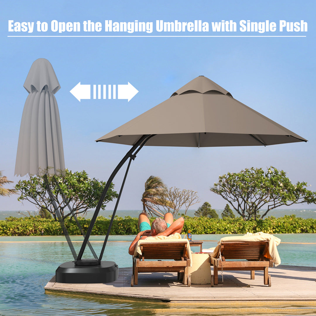 Gymax 11ft Patio Cantilever Hand Push Offset Hanging Umbrella w/ Wheels Base Tan Image 6