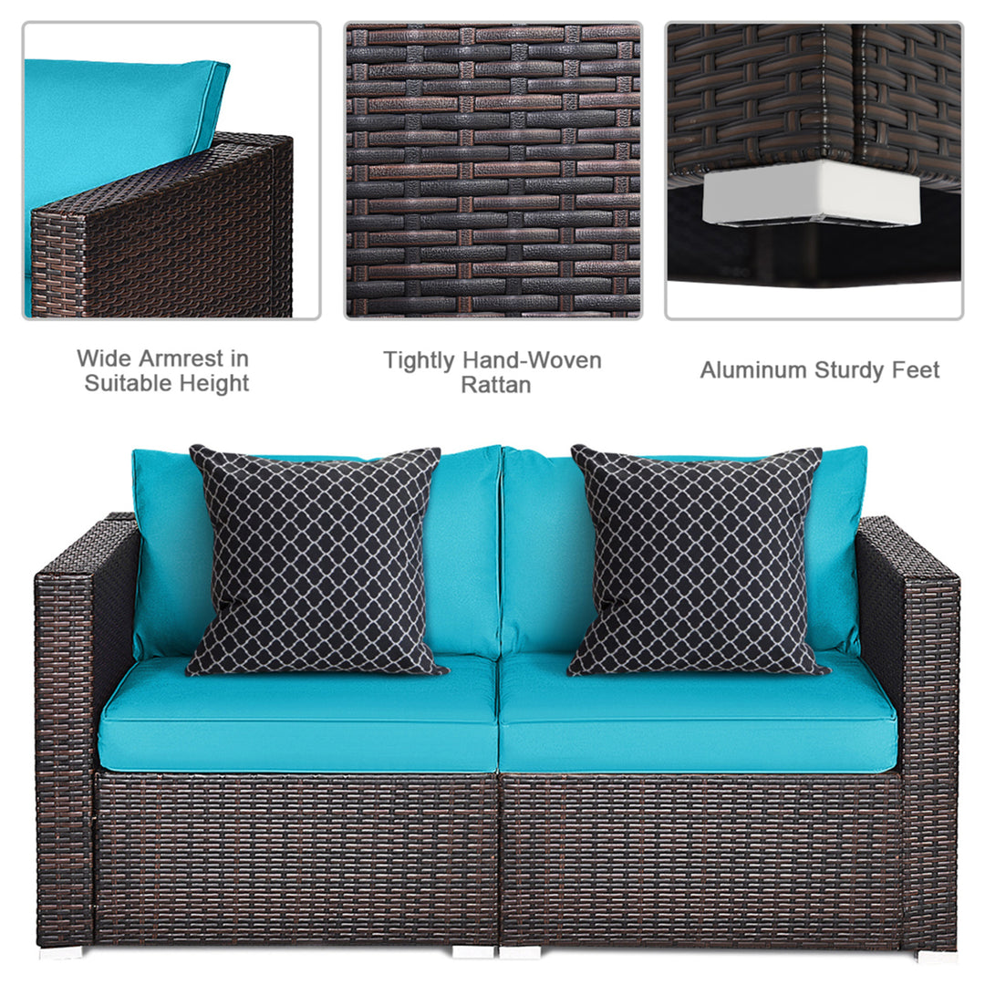 4PCS Rattan Corner Sofa Set Patio Outdoor Furniture Set w/ Blue Cushions Image 9