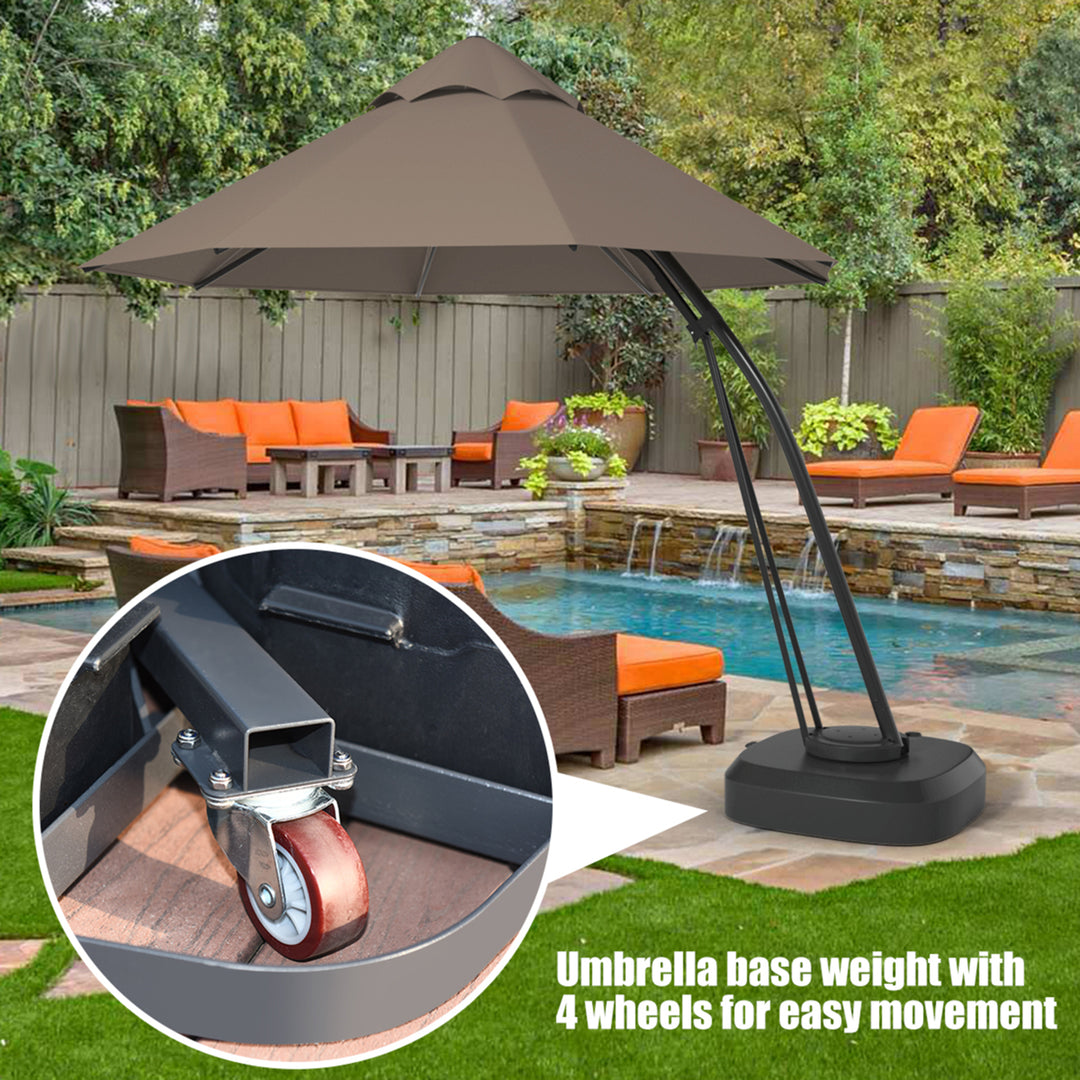 Gymax 11ft Patio Cantilever Hand Push Offset Hanging Umbrella w/ Wheels Base Tan Image 9