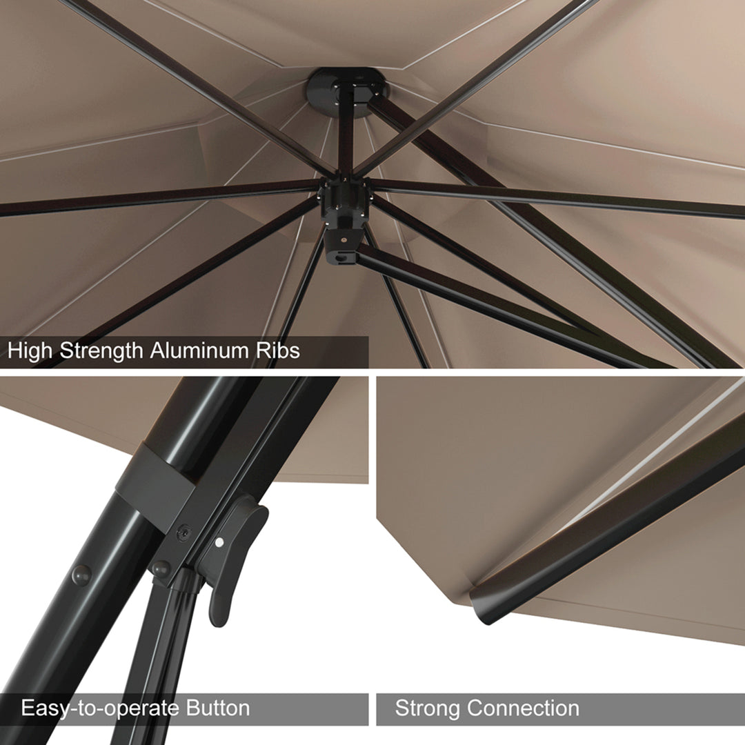 Gymax 11ft Patio Cantilever Hand Push Offset Hanging Umbrella w/ Wheels Base Tan Image 10