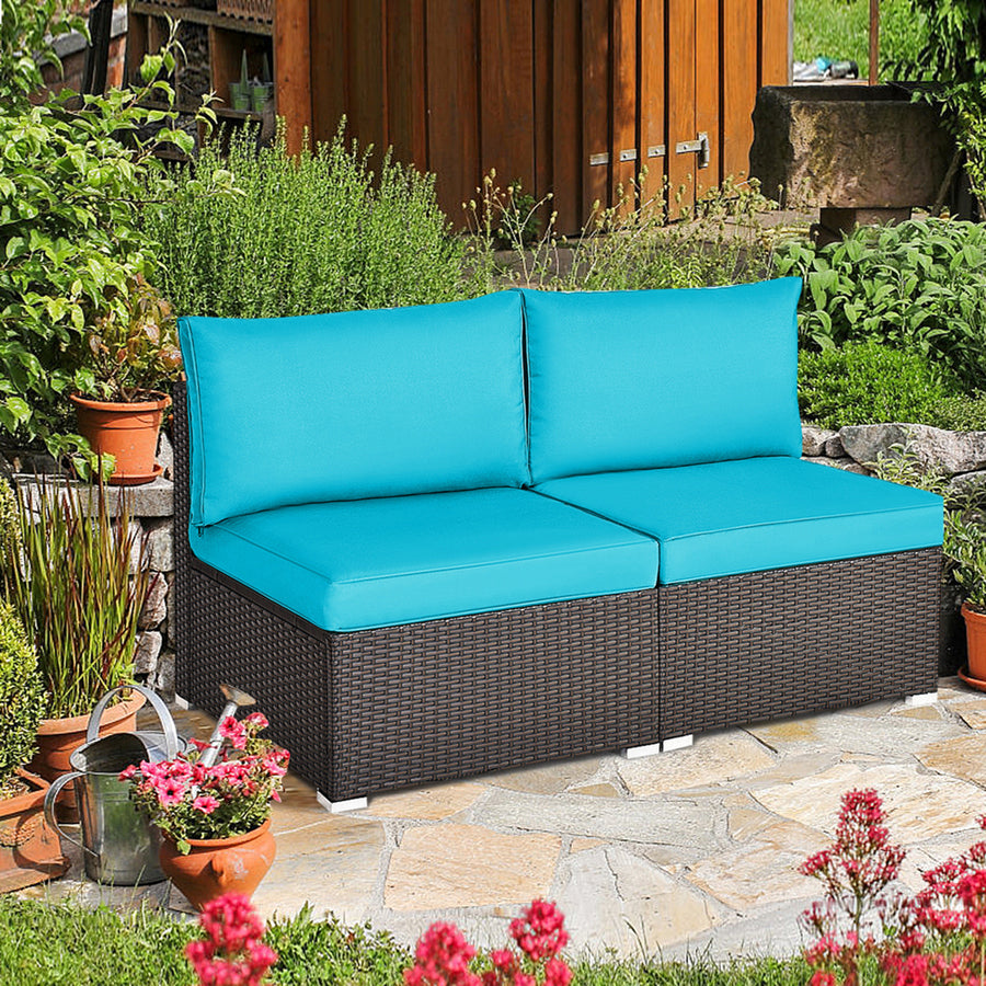 2PCS Patio Wicker Rattan Sectional Armless Chair Sofa w/ Turquoise Cushion Image 1