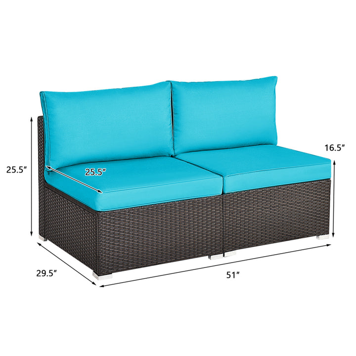 2PCS Patio Wicker Rattan Sectional Armless Chair Sofa w/ Turquoise Cushion Image 3