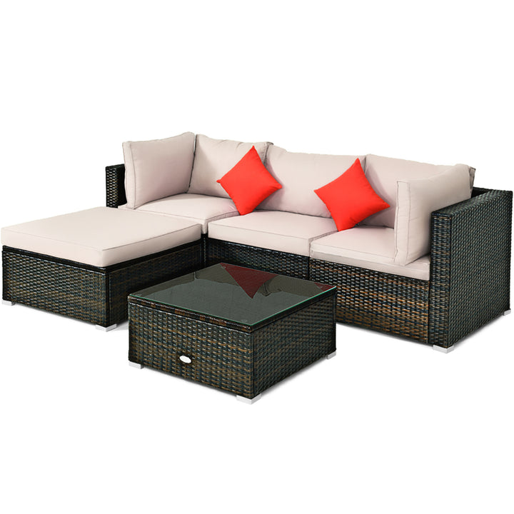 5PCS Rattan Sectional Sofa Set Patio Furniture Set w/ Beige Cushion Pillow Image 2