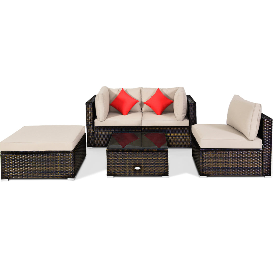 5PCS Rattan Sectional Sofa Set Patio Furniture Set w/ Beige Cushion Pillow Image 6