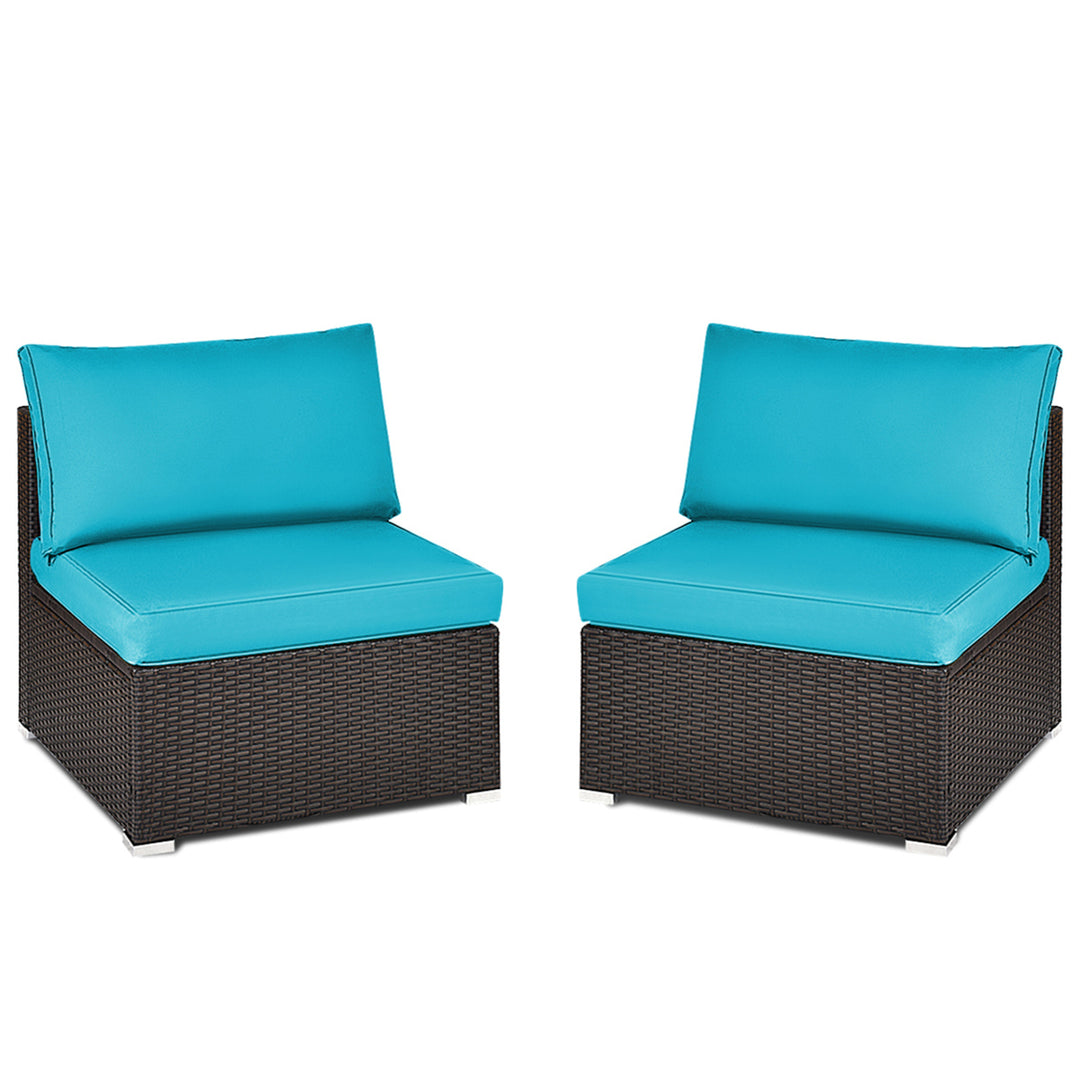 2PCS Patio Wicker Rattan Sectional Armless Chair Sofa w/ Turquoise Cushion Image 2