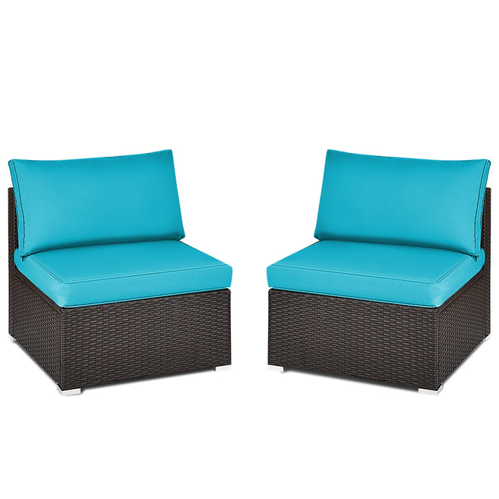 2PCS Patio Wicker Rattan Sectional Armless Chair Sofa w/ Turquoise Cushion Image 2