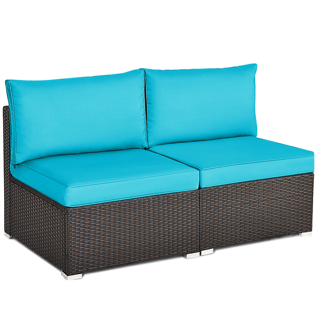 2PCS Patio Wicker Rattan Sectional Armless Chair Sofa w/ Turquoise Cushion Image 5