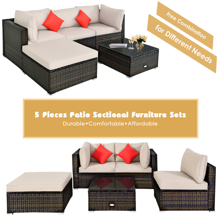 5PCS Rattan Sectional Sofa Set Patio Furniture Set w/ Beige Cushion Pillow Image 8