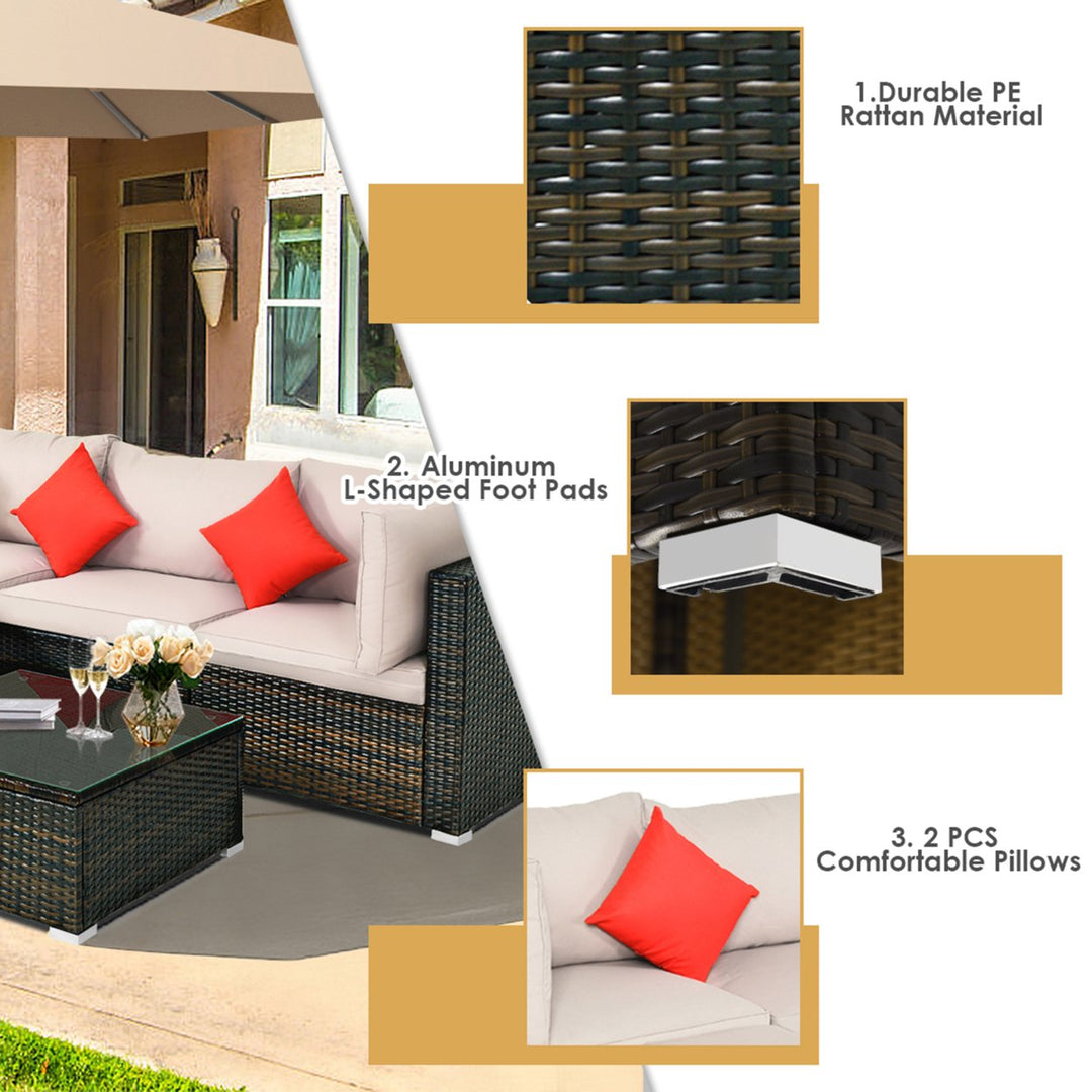 5PCS Rattan Sectional Sofa Set Patio Furniture Set w/ Beige Cushion Pillow Image 9