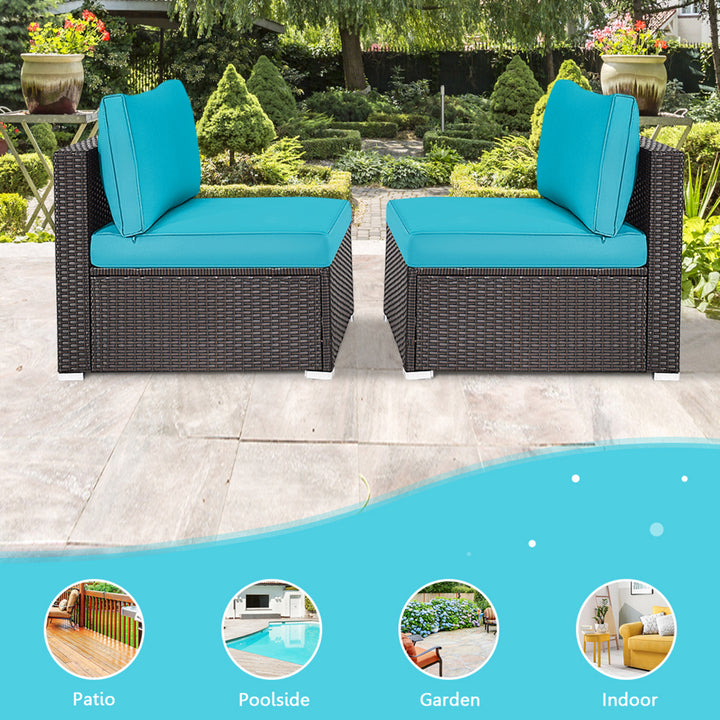 2PCS Patio Wicker Rattan Sectional Armless Chair Sofa w/ Turquoise Cushion Image 6