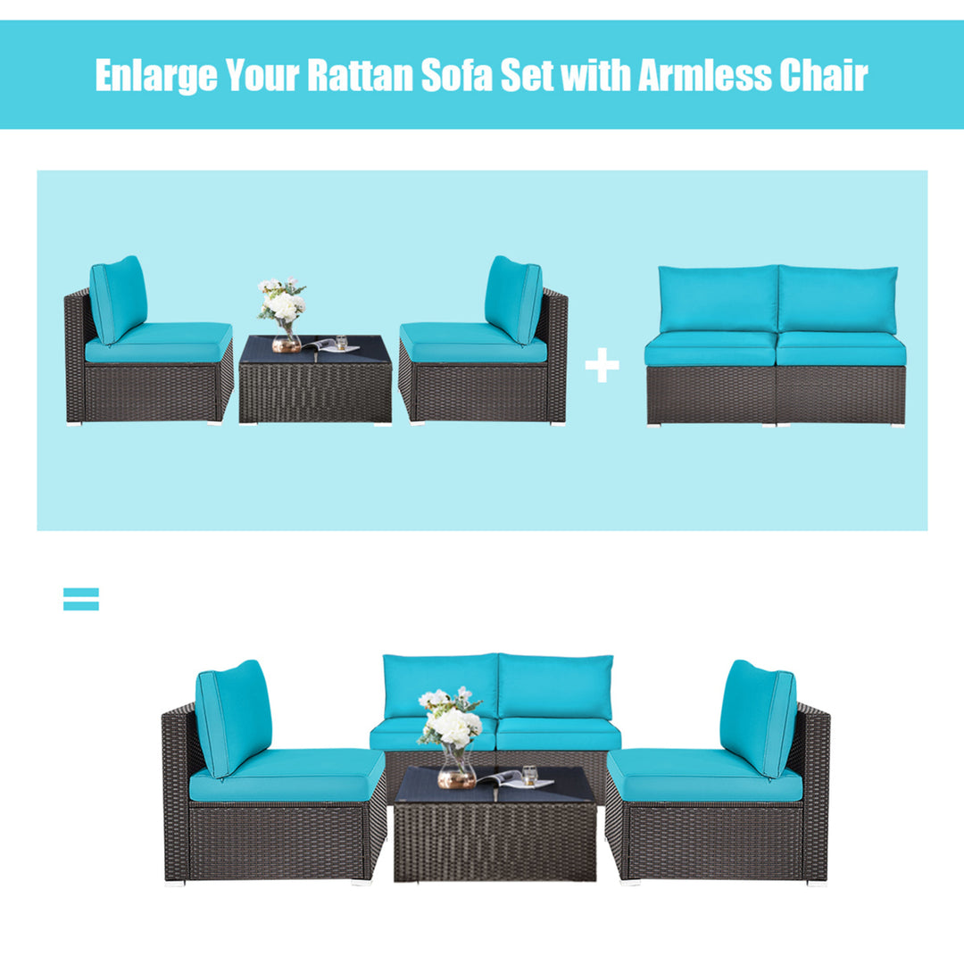 2PCS Patio Wicker Rattan Sectional Armless Chair Sofa w/ Turquoise Cushion Image 7