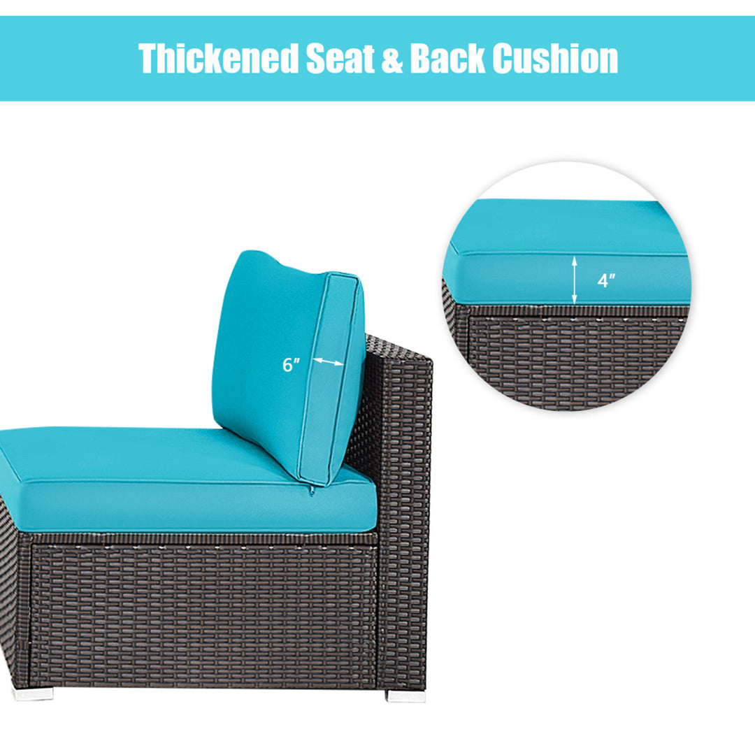 2PCS Patio Wicker Rattan Sectional Armless Chair Sofa w/ Turquoise Cushion Image 9