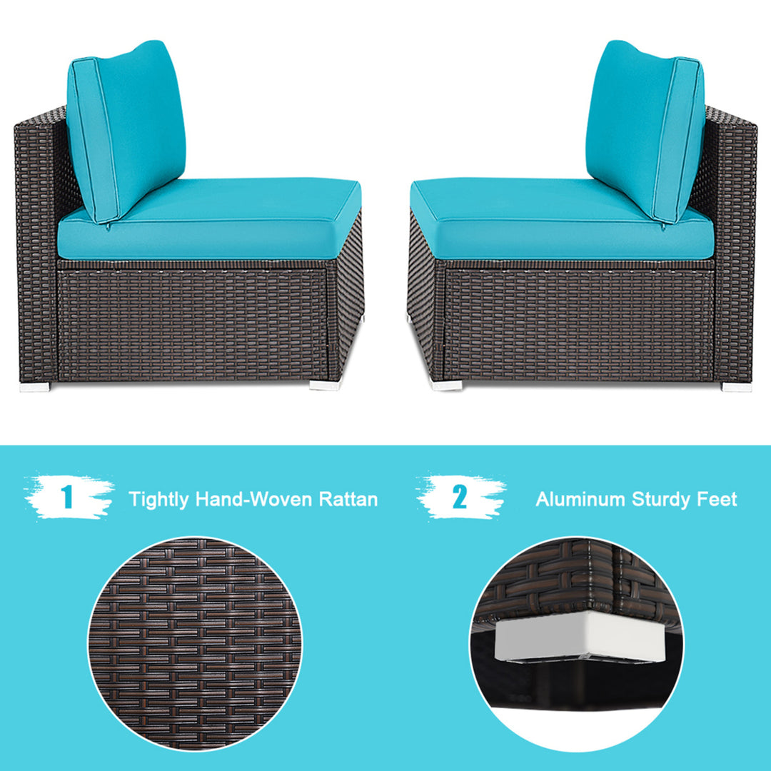 2PCS Patio Wicker Rattan Sectional Armless Chair Sofa w/ Turquoise Cushion Image 10