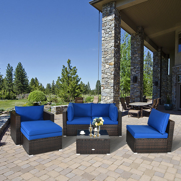 6PCS Patio Conversation Set Rattan Sectional Furniture Set w/ Navy Cushion Image 4