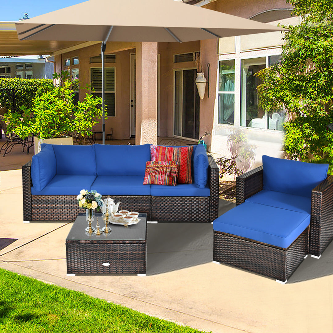 6PCS Patio Conversation Set Rattan Sectional Furniture Set w/ Navy Cushion Image 3