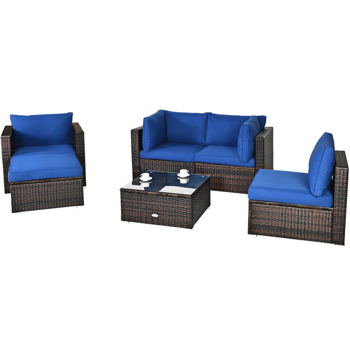 6PCS Patio Conversation Set Rattan Sectional Furniture Set w/ Navy Cushion Image 2