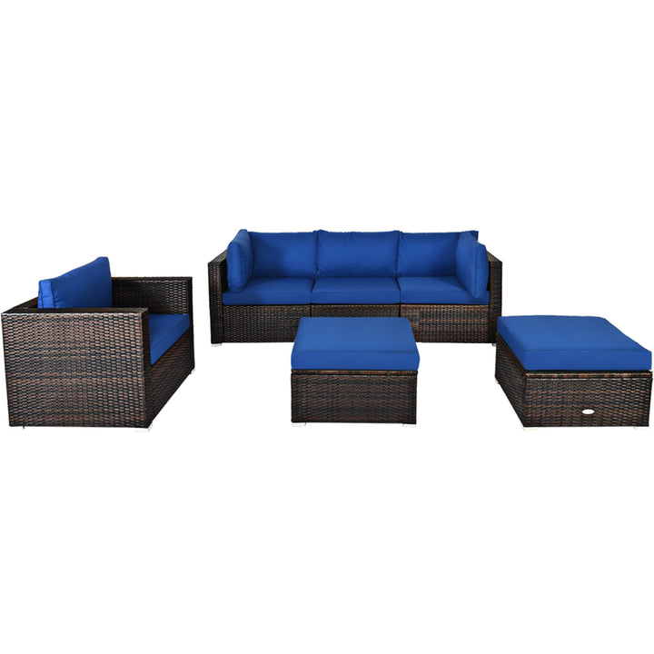 6PCS Patio Conversation Set Rattan Sectional Furniture Set w/ Navy Cushion Image 6