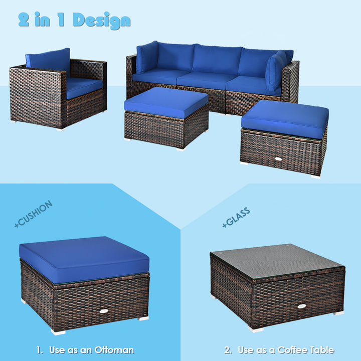 6PCS Patio Conversation Set Rattan Sectional Furniture Set w/ Navy Cushion Image 8