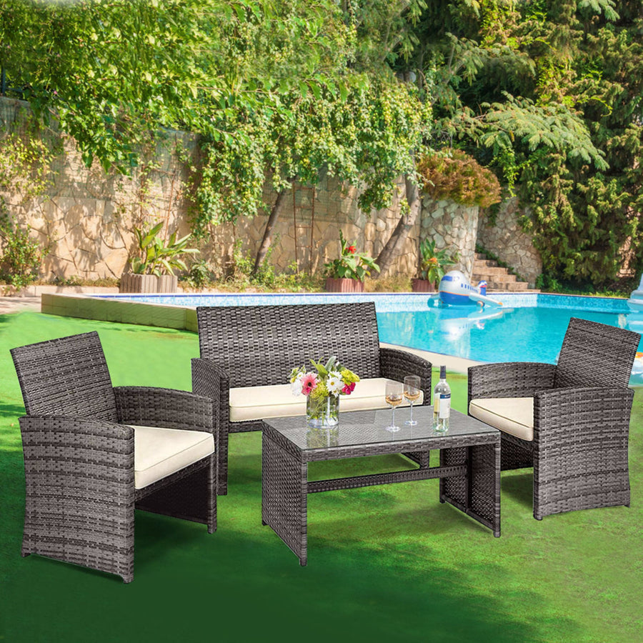 4PCS Patio Outdoor Rattan Furniture Set Chair Loveseat Table Cushioned Image 1