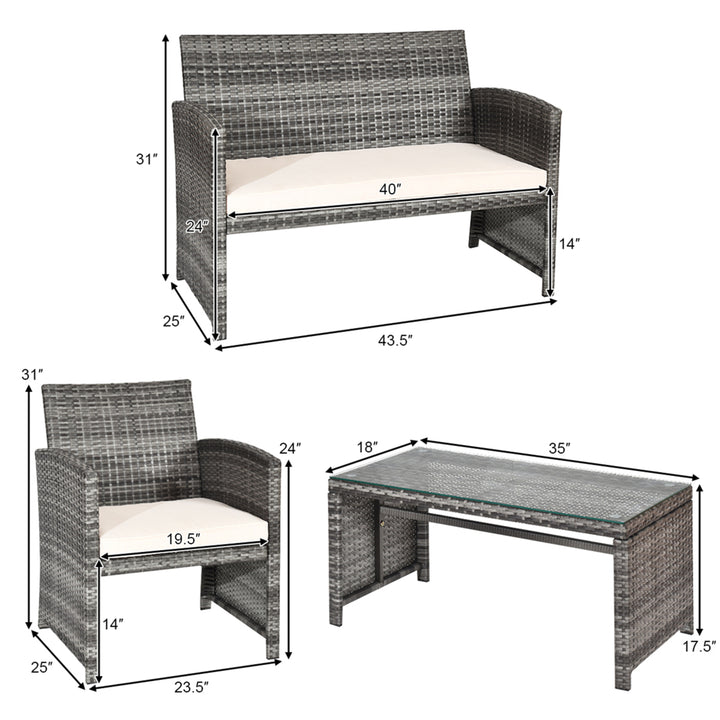 4PCS Patio Outdoor Rattan Furniture Set Chair Loveseat Table Cushioned Image 3