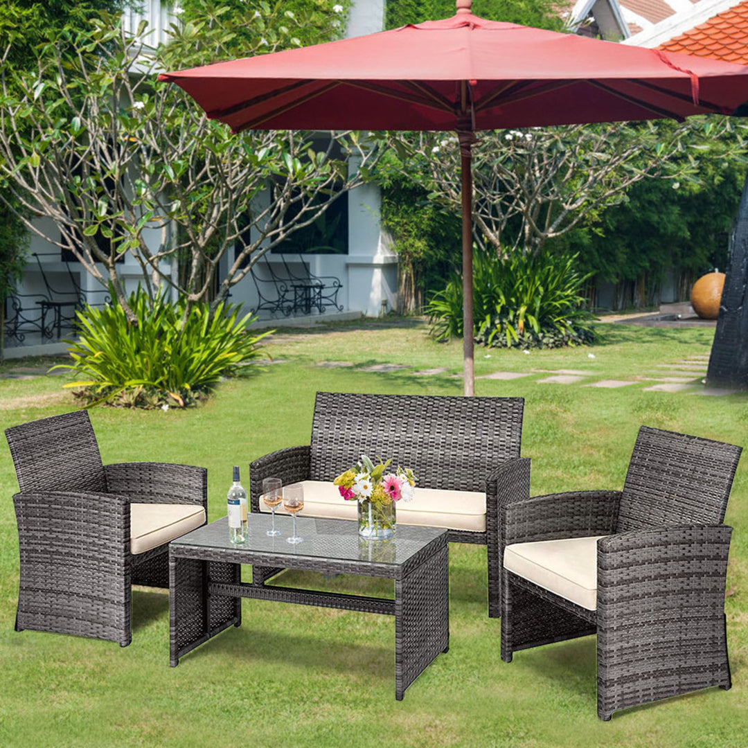 4PCS Patio Outdoor Rattan Furniture Set Chair Loveseat Table Cushioned Image 4