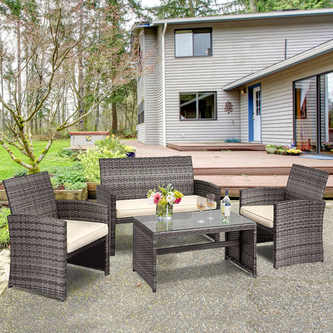 4PCS Patio Outdoor Rattan Furniture Set Chair Loveseat Table Cushioned Image 5