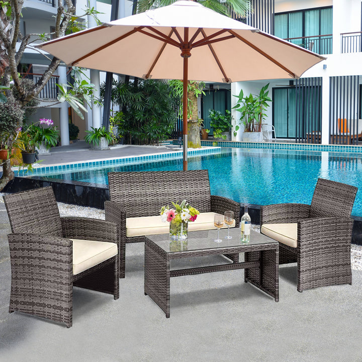 4PCS Patio Outdoor Rattan Furniture Set Chair Loveseat Table Cushioned Image 6