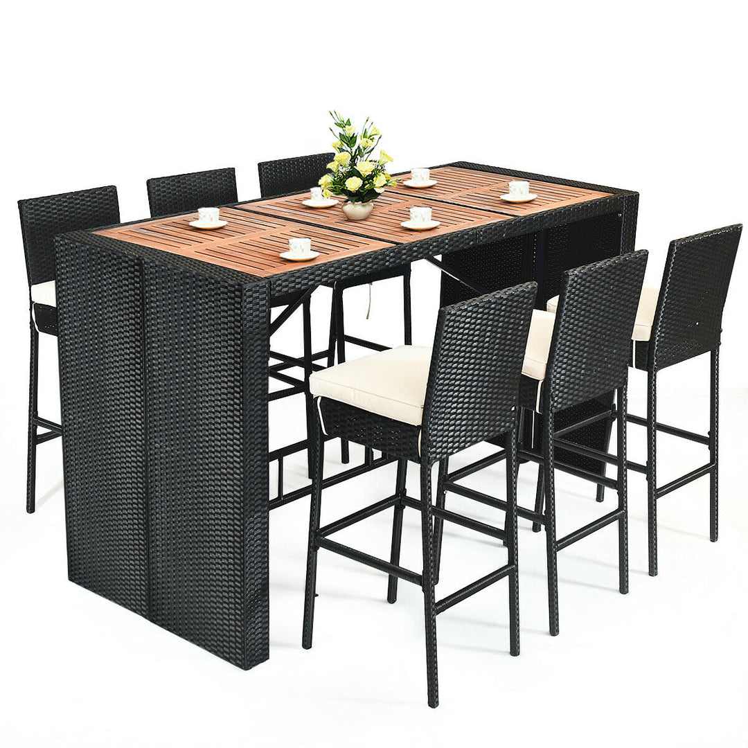 7PCS Rattan Wicker Bar Set Patio Dining Furniture w/ Wood Table Top 6 Stools Image 2