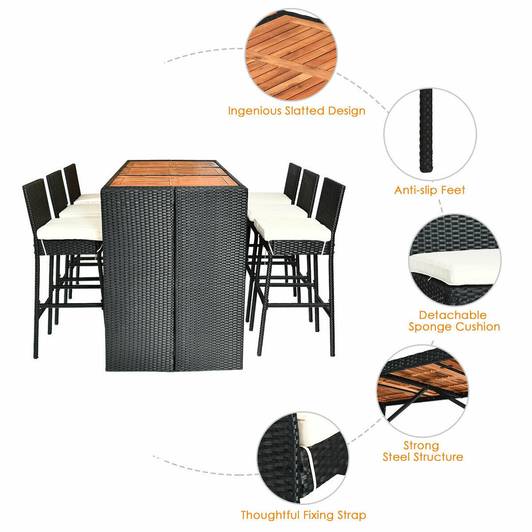 7PCS Rattan Wicker Bar Set Patio Dining Furniture w/ Wood Table Top 6 Stools Image 7