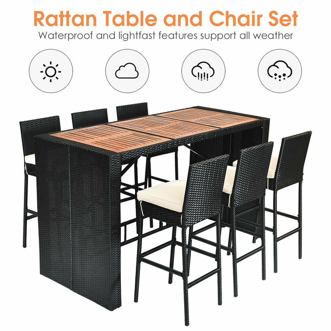 7PCS Rattan Wicker Bar Set Patio Dining Furniture w/ Wood Table Top 6 Stools Image 9