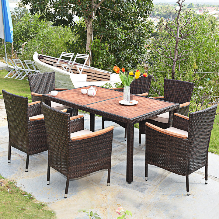 7pcs Patio Rattan Dining Set 6 Stackable Cushioned Chairs Patio Image 10